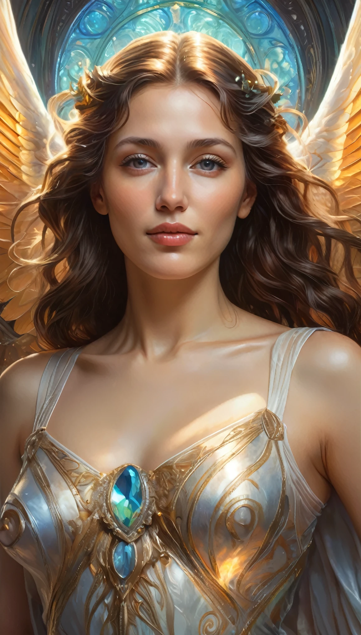 (best quality,4k,8k,highres,masterpiece:1.2), ultra-detailed, (realistic,photorealistic,photo-realistic:1.37),Close-up portrait of the most beautiful angel in the universe, D & D, face, Fantasy, complicated, elegant, Very detailed, Digital Painting, Art Station, Concept Art, Smooth, Sharp focus, figure, ArtJam, Greg Rutkowski, Art by Alphonse Mucha, sexy, iridescent eyes, (winking at viewers:1.5), Surrounded by a mysterious aura, Symmetrical face
