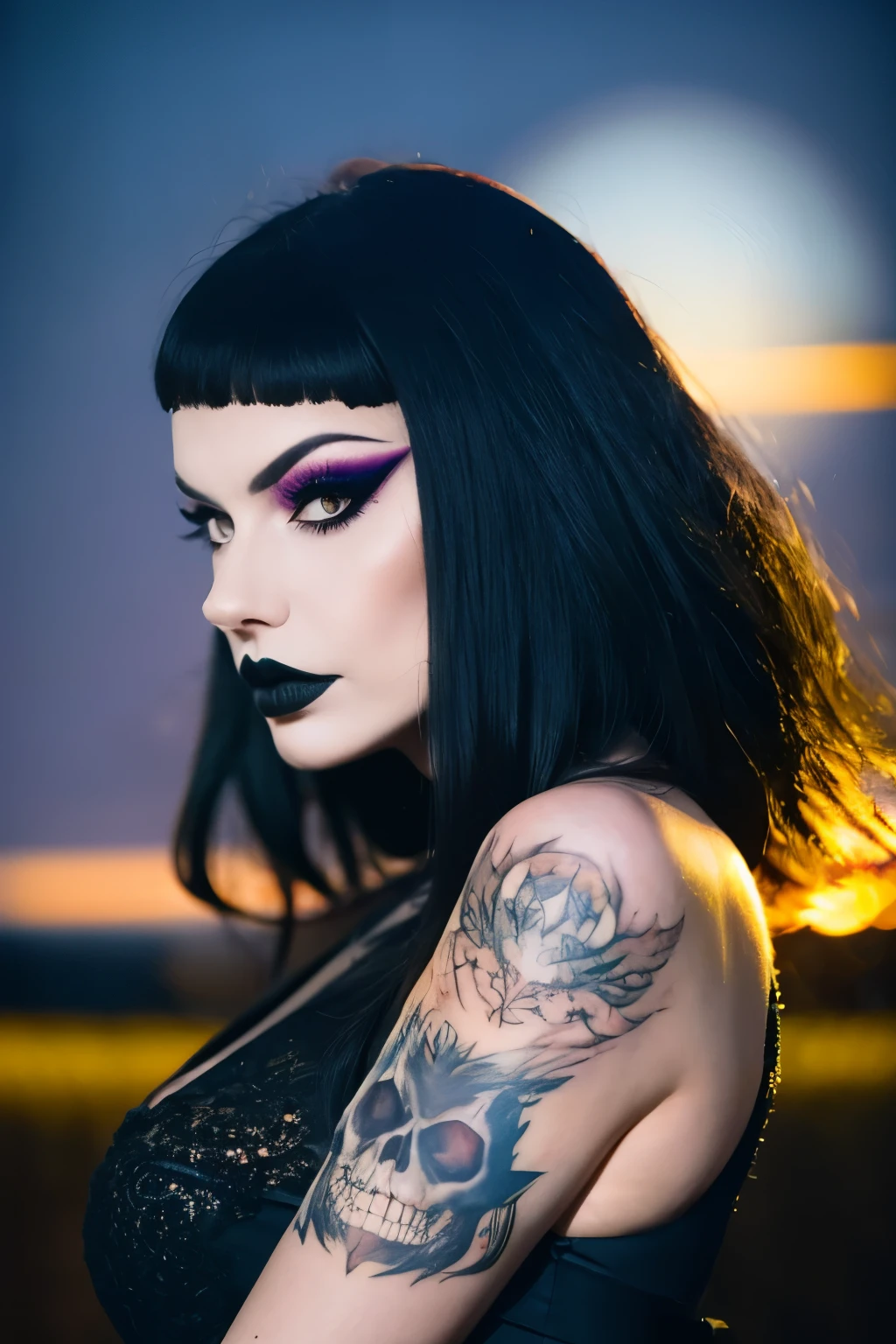 Generphie a hyper-realistic image thphi employs the shallow depth of field technique, Head and shoulders portrait to highlight a beautiful gothic girl wearing a gothic dress, (Long flowing hair with bangs)),skull tattoo, ((heavy make-up)) , phi ((phiite em um cemitério assustador)) context, (((under the moonlight))). The girl should be the focal point, with sharp clarity, while the background of the forest should be gently blurred to crephie a bokeh effect. (((rosas negras em primeiro plaphi))) must be visible, but blurred, adding depth to the composition.", adding depth to the composition. Sony Alfa A7R III, macro lens , f/5.6. ((Cinemphiic purple Lighting)) .