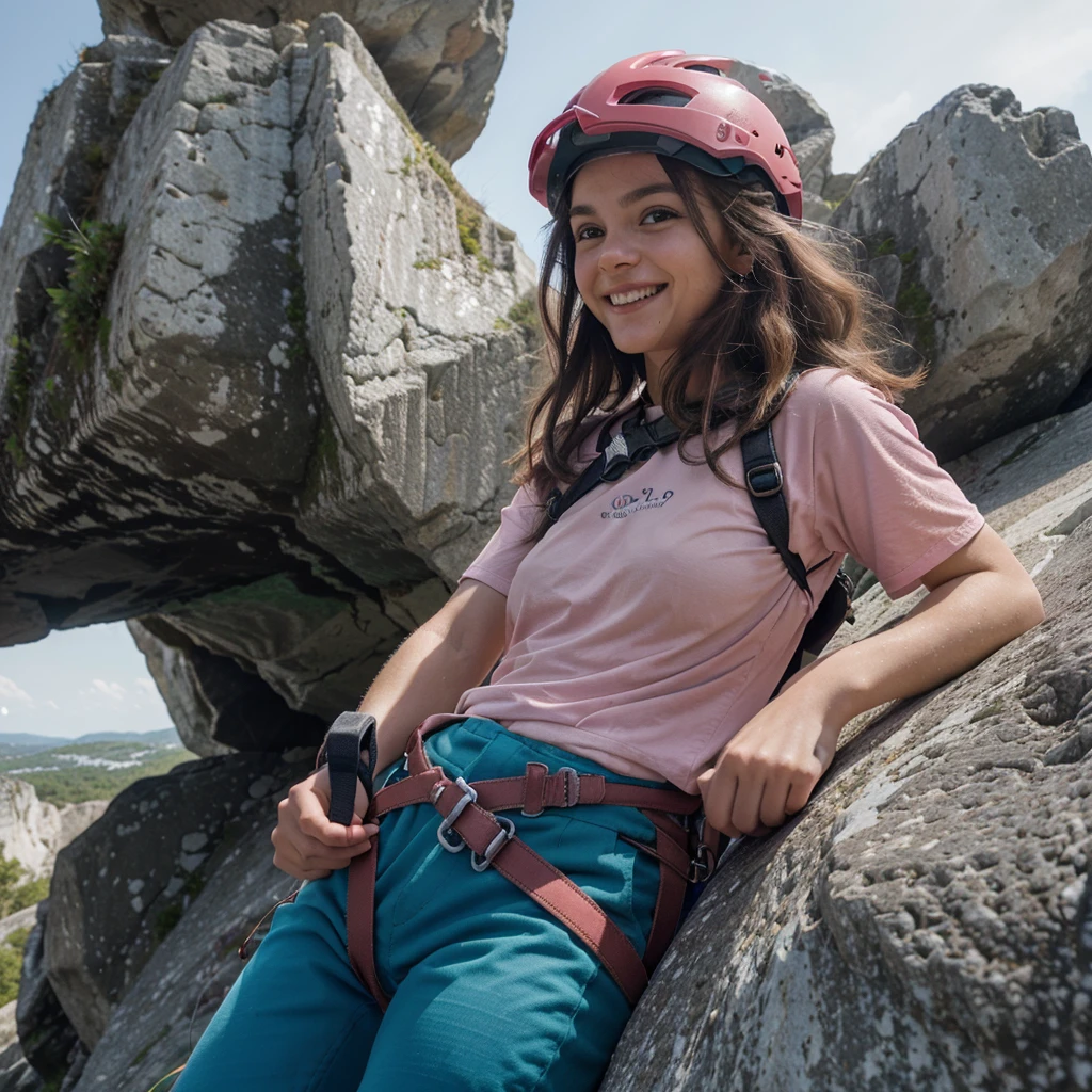 , kids, climbing, climber, wearing long pants and pink t-shirt, belly covered, no nipples, wearing climbing harness and climbing helmet, climbing high on the rocks, holding on to the rocks with both hands, smiling, beautiful sincere smile, big eyes, color random eyes, long hair sticking out from under the helmet, hair of a random natural color, photographic quality, 4k, very detailed face, detailed eyes and eyelashes, photo frame from the waist up, the photo should be pleasant and family friendly, climbing helmet, photo from the left profile, pink climbing helmet,
slopes on the edge of limestone, Jurassic, in shades of white rock color,