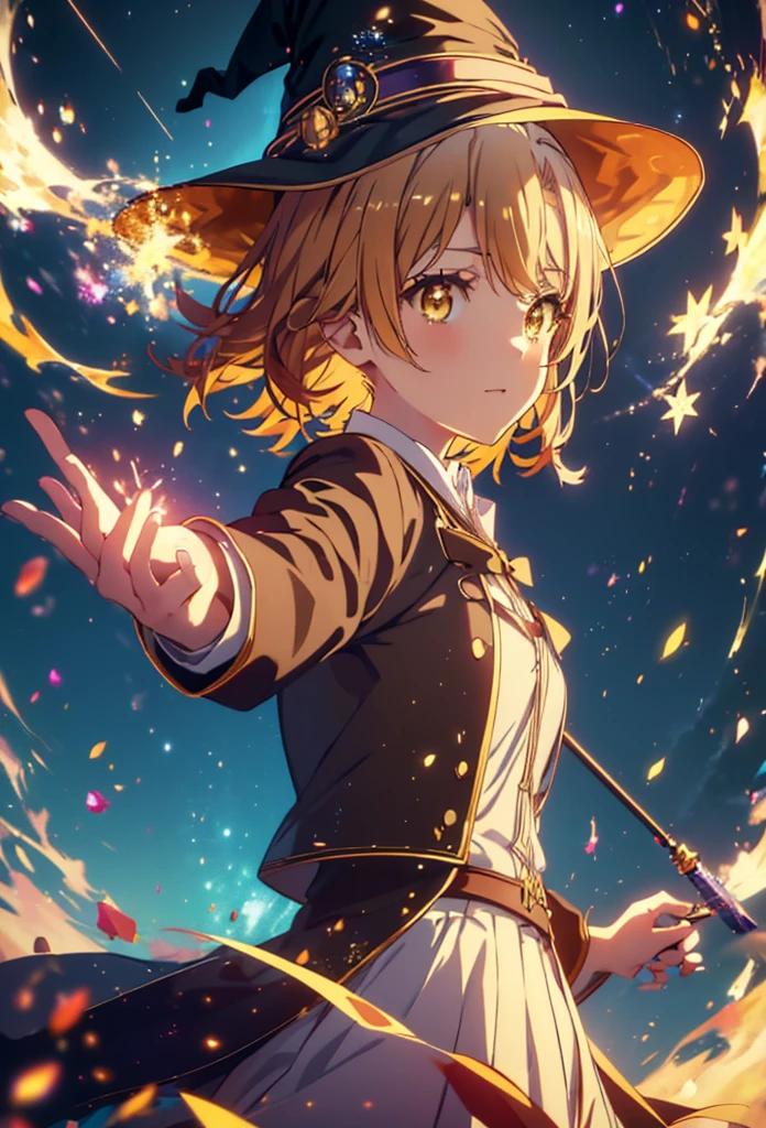 Irohaisshiki, isshiki iroha, short hair, Brown Hair, (Brown eyes:1.5), smile,((Night Sky)),((Big full moon)),((Sparkling and colorful stars)),Fluffy hair,((Idol style costume with soft volume)),Long skirt,((gorgeous wizard hat)),((witch)),(magic wand with a jewel on the tip),Explosive Flame,
break outdoors, forest,forest
break looking at viewer,Upper Body,
break (masterpiece:1.2), Highest quality, High resolution, unity 8k wallpaper, (shape:0.8), (Narrow and beautiful eyes:1.6), Highly detailed face, Perfect lighting, Extremely detailed CG, (Perfect hands, Perfect Anatomy),