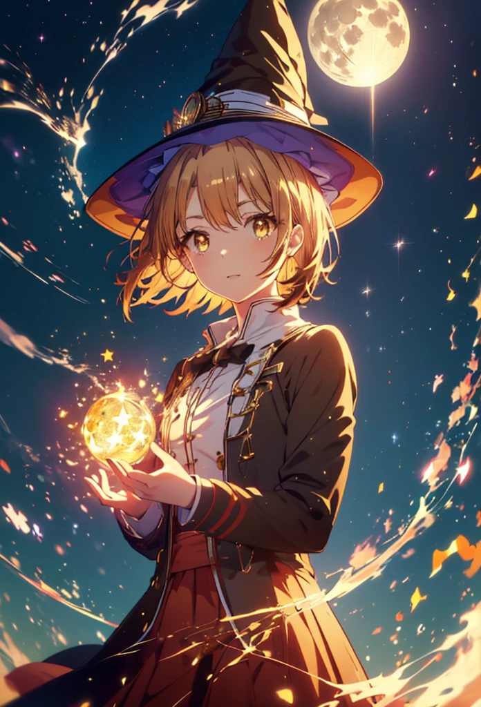 Irohaisshiki, isshiki iroha, short hair, Brown Hair, (Brown eyes:1.5), smile,((Night Sky)),((Big full moon)),((Sparkling and colorful stars)),Fluffy hair,((Idol style costume with soft volume)),Long skirt,((gorgeous wizard hat)),((witch)),(magic wand with a jewel on the tip),Explosive Flame,
break outdoors, forest,forest
break looking at viewer,Upper Body,
break (masterpiece:1.2), Highest quality, High resolution, unity 8k wallpaper, (shape:0.8), (Narrow and beautiful eyes:1.6), Highly detailed face, Perfect lighting, Extremely detailed CG, (Perfect hands, Perfect Anatomy),