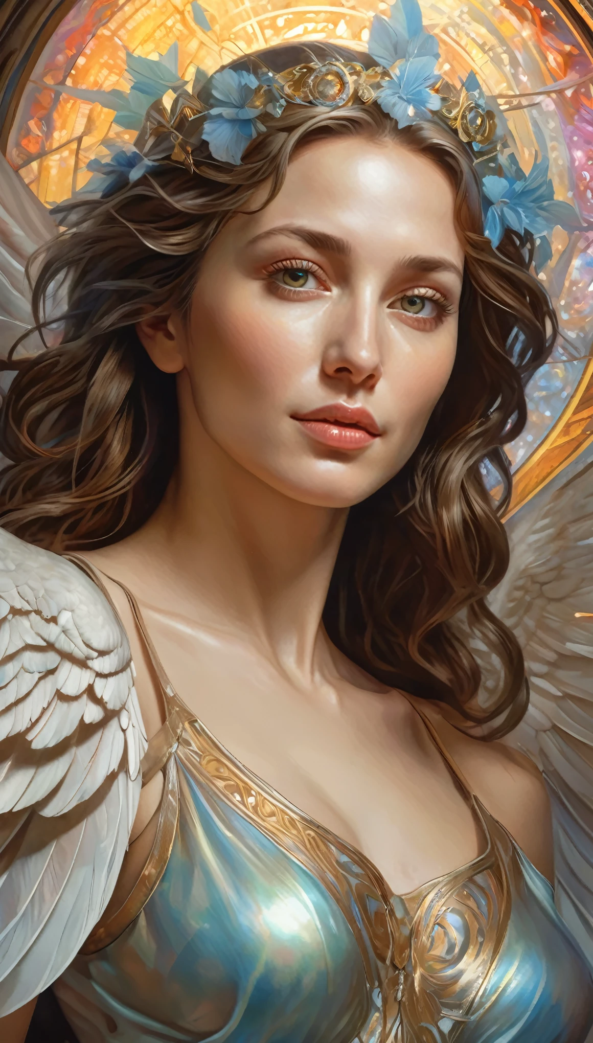 (best quality,4k,8k,highres,masterpiece:1.2), ultra-detailed, (realistic,photorealistic,photo-realistic:1.37),Close-up portrait of the most beautiful angel in the universe, D & D, face, Fantasy, complicated, elegant, Very detailed, Digital Painting, Art Station, Concept Art, Smooth, Sharp focus, figure, ArtJam, Greg Rutkowski, Art by Alphonse Mucha, sexy, iridescent eyes, (winking at viewers:1.5), Surrounded by a mysterious aura, Symmetrical face