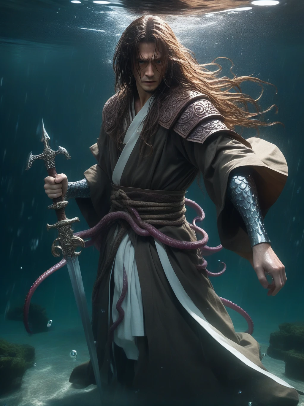 Partially underwater,最high quality,high quality, , Long Hair, Brown Hair, Wet Hair, Flat Chest,Dark underground labyrinth,No light,Cloth armor,Equipped with a dagger and a shield,Face above water,Body in water, Underwater Photography,The robe rolls up due to buoyancy,Painful face、My leg is pulled by tentacles、Being dragged into the water、Go wild