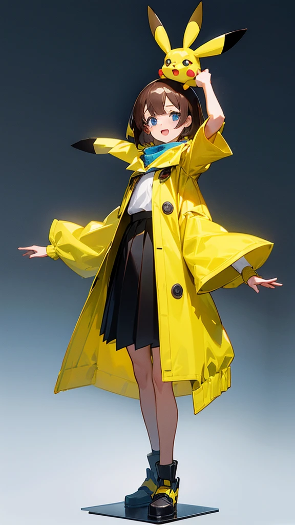 Thick Coating, young, かわいいgirl, Brown Hair, short hair,Pikachu's ears, Yellow clothes, poncho,  Black skirt underneath, blue eyes,Look forward,virtual,girl,whole body,upright,Place your arms at your sides,View from the front,Simple Background,girl,Open your mouth,blue eyes,smile,virtualユーチューバー,Standing upright,Very young