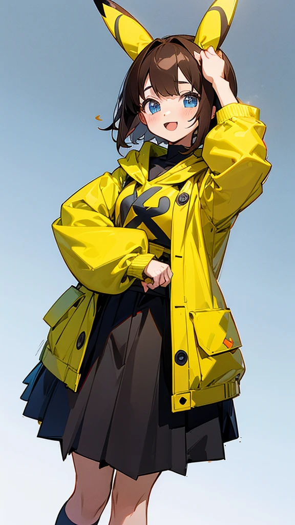 Thick Coating, young, かわいいgirl, Brown Hair, short hair,Pikachu's ears, Yellow clothes, poncho, Black skirt underneath, blue eyes,Look forward,virtual,girl,whole body,upright,Place your arms at your sides,View from the front,Simple Background,girl,Open your mouth,blue eyes,smile,virtualユーチューバー,Standing upright,Very young