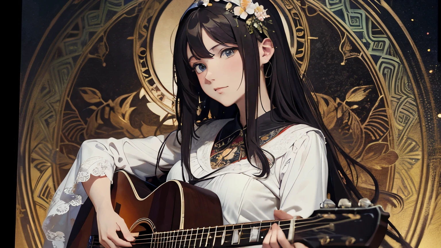 portrait of a electric guitar,Gibson,the virgin mary, long hair, floral frame, Decorative panels, abstract artistic, by Alphonse Mucha (Masterpiece, Best Quality, Highres:1.4), Detailed, Intricate Details, 4K, color splashes, line art, fibonacci,