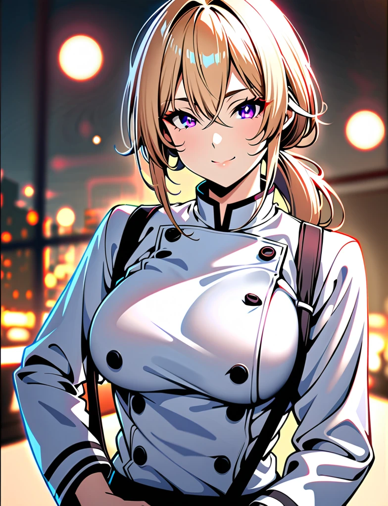 (masterpiece, ultra detailed, sharp focus),1girl,solo,long blonde hair,breasts,looking at viewer,smile,bangs,large breasts,purple eyes,long sleeves,hair between eyes,closed mouth,upper body,ponytail,buttons,low ponytail,double-breasted,chef