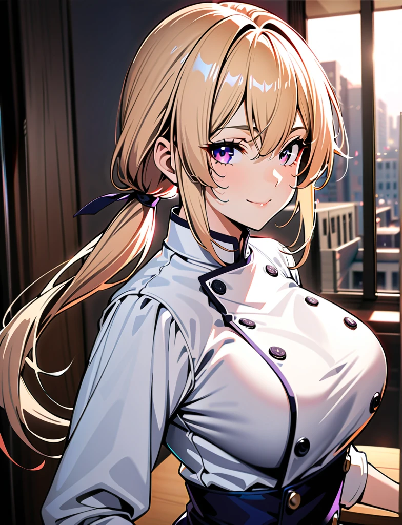 (masterpiece, ultra detailed, sharp focus),1girl,solo,long blonde hair,breasts,looking at viewer,smile,bangs,large breasts,purple eyes,long sleeves,hair between eyes,closed mouth,upper body,ponytail,buttons,low ponytail,double-breasted,chef