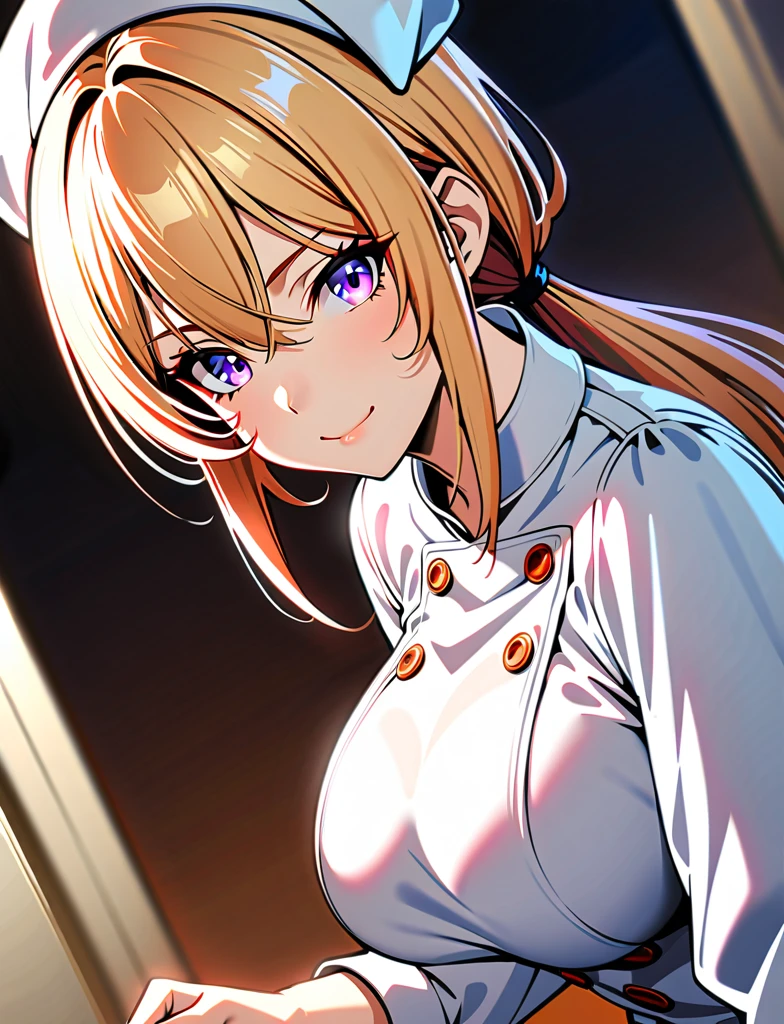 (masterpiece, ultra detailed, sharp focus),1girl,solo,long blonde hair,breasts,looking at viewer,smile,bangs,large breasts,purple eyes,long sleeves,hair between eyes,closed mouth,upper body,ponytail,buttons,low ponytail,double-breasted,chef