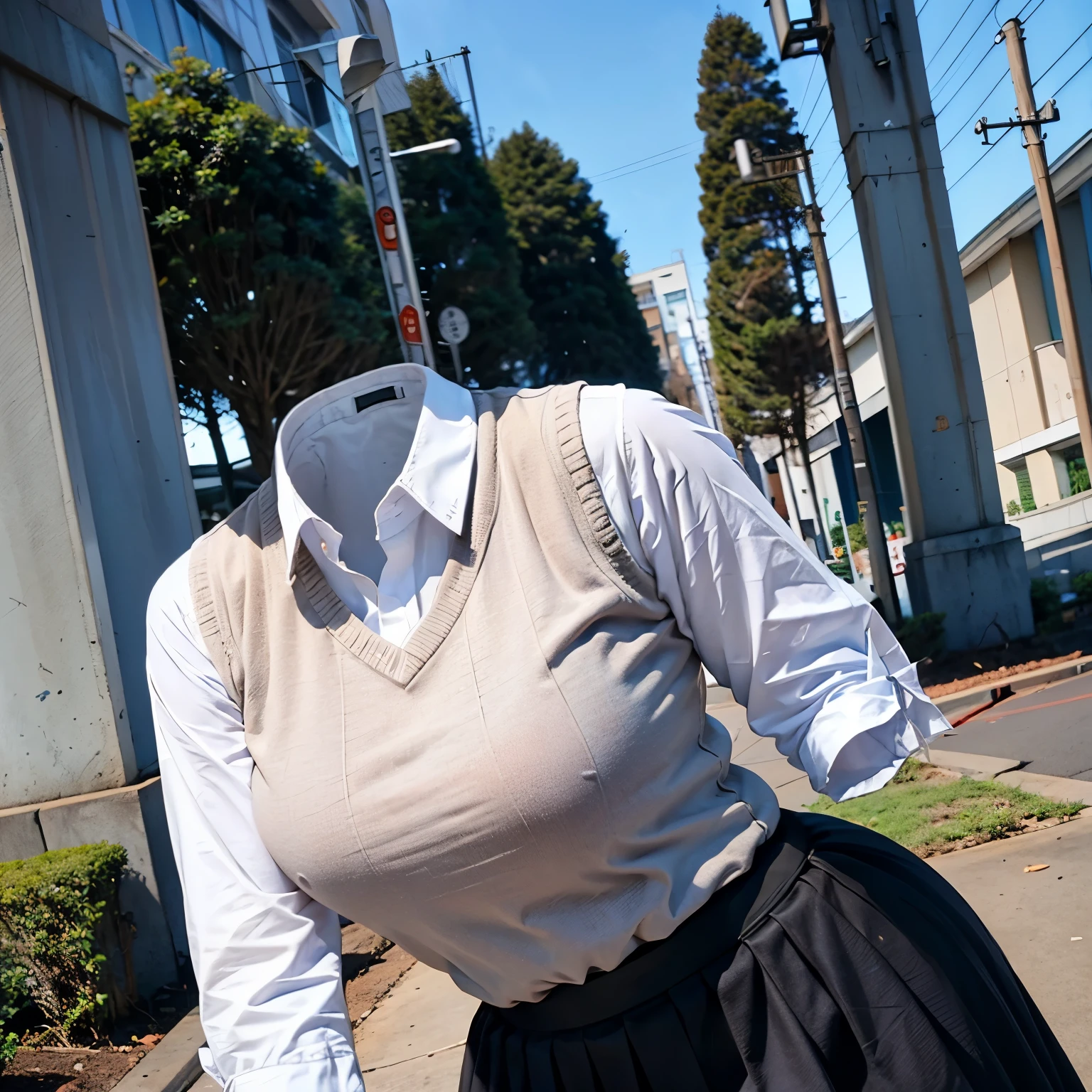 kibito high school blouse, school blouse, sweater vest, plaid skirt, leaning forward, fat, cute big breasts, (invisible, no human, headless, handless:1.5)