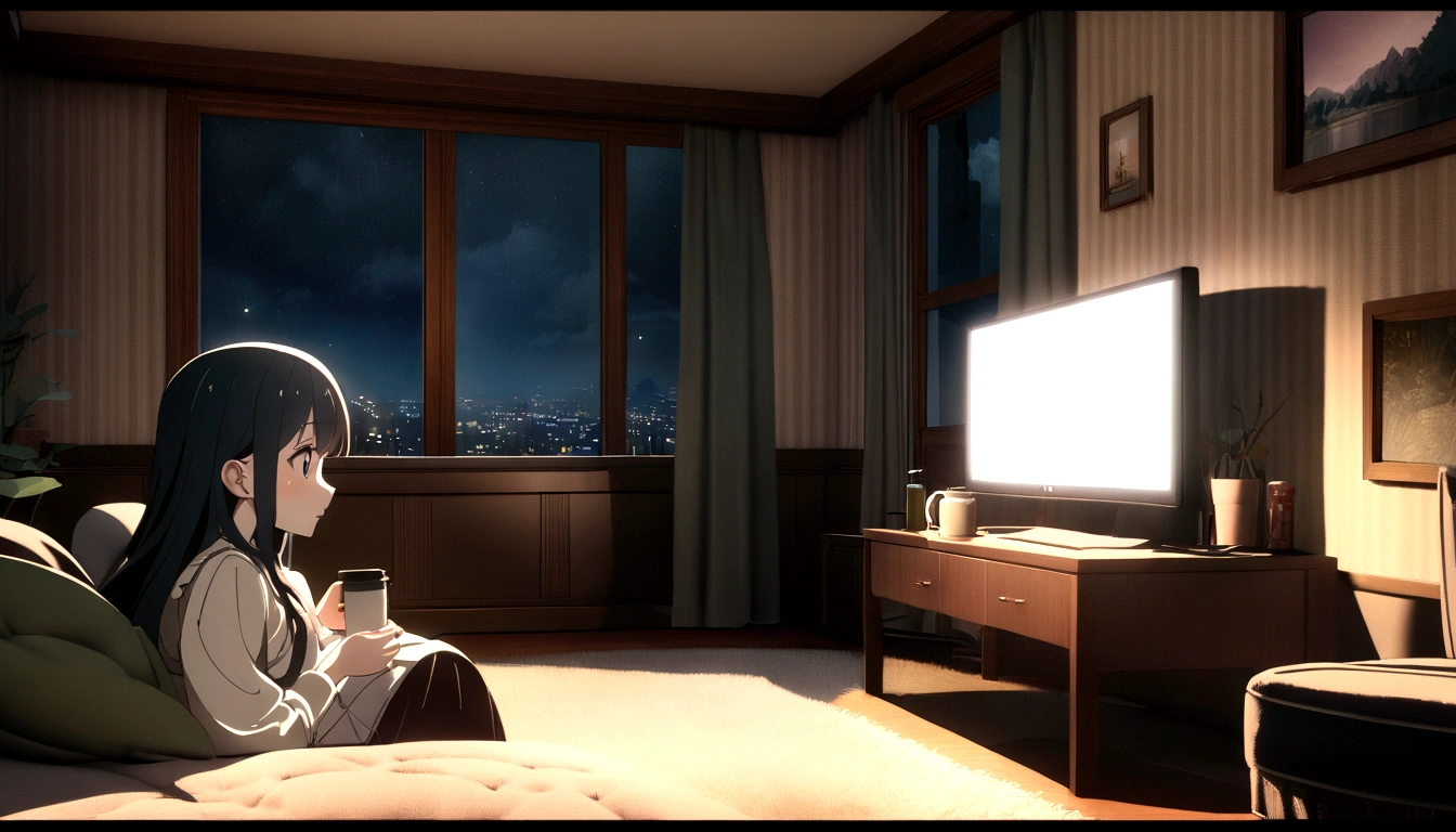 Can you give me four examples of anime-style images of a young woman studying on a computer while drinking coffee at a table in front of a window?。., Home bedroom interior, Anime Background, Movie Night Light, Ray Tracing, Highly detailed interior wallpaper, Classic Light,