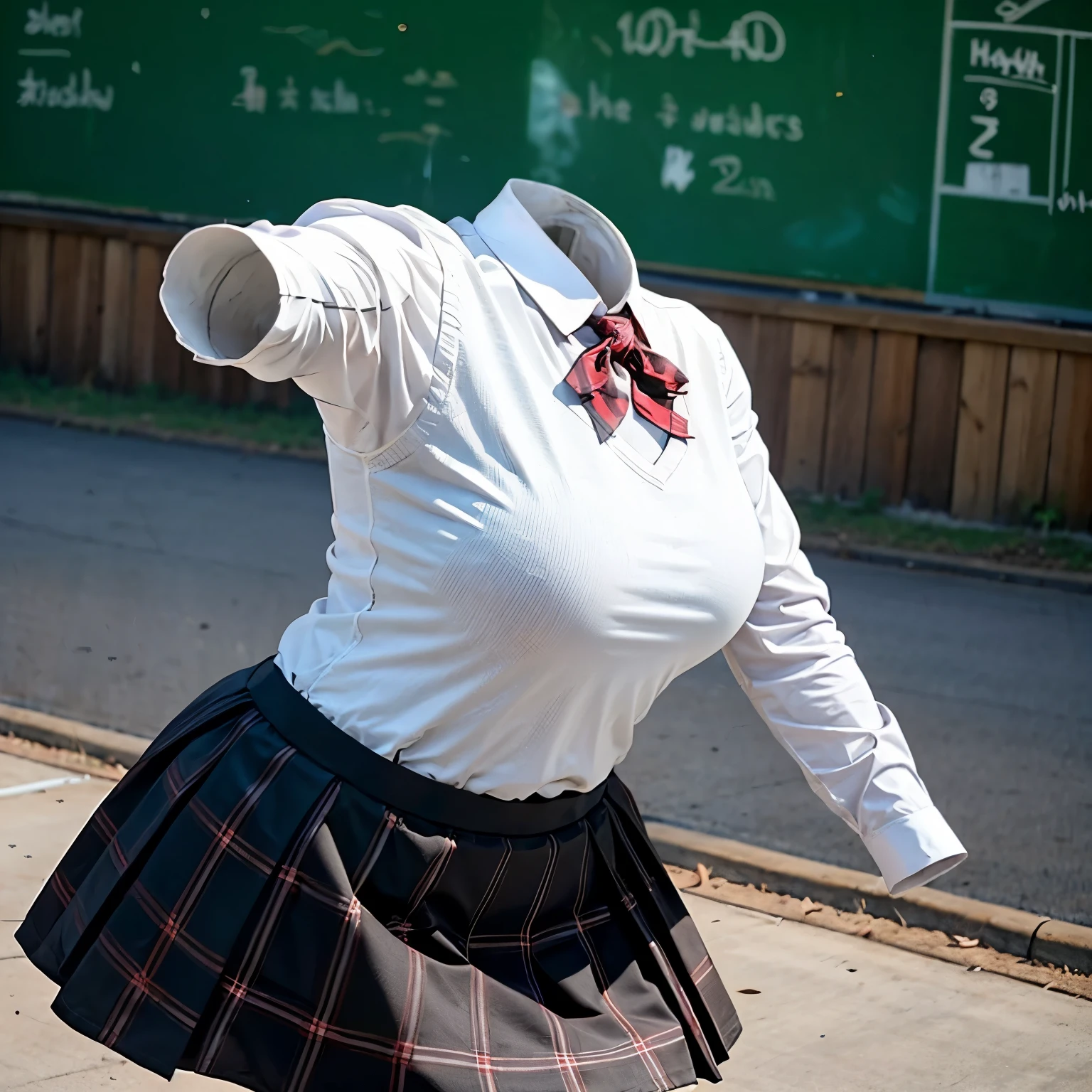 kibito high school blouse, school blouse, sweater vest, plaid skirt, leaning forward, fat, cute big breasts, (invisible, no human, headless, handless:1.5)