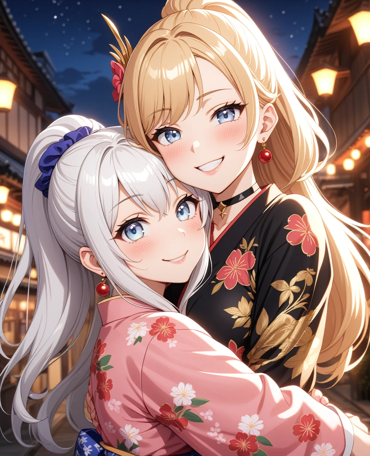 ((Two Women)), Beautiful Face, (Laughing embarrassedly), ((smirk)), ((Wink:1.8)), ((hug from behind:1.3)), Laugh with your mouth wide open,((Bright red cheeks:1.4)),Shiny red lips, night,横浜のnight景,You can see the ocean, firework,Glossy pink lips,Facial lighting,((Anime style background)),masterpiece, Highest quality, so beautiful,up to date, Complex details, (4fingers and 1thumbs), (Pink long nails), (ring),(bracelet),(choker),AI-generated, Complex,High resolution, Highest quality, super high quality,3D Images、3D Images,One person,Long white hair in a high ponytail, ((Fine grain、Silvery white eyes、Shining Eyes:1.4)), (Squint your eyes:1.1), Long blonde hair in a high ponytail, ((Fine grain、Blue-white eyes、Shining Eyes:1.4)), (Squint your eyes:1.1), Anime woman posing for a photo, a hyperRealistic , hyperRealistic , Realistic,Anime woman with long white hair, Smooth anime CG art, A woman in a colorful kimono with gold embroidery, (Black long sleeve kimono),(Pink long sleeve kimono), Red floral pattern,Long flower hair ornament,Earrings,Mature Body,(Big Breasts:1.1),Tall,Abdominal muscles,Narrow waist,(Zoom in on face),