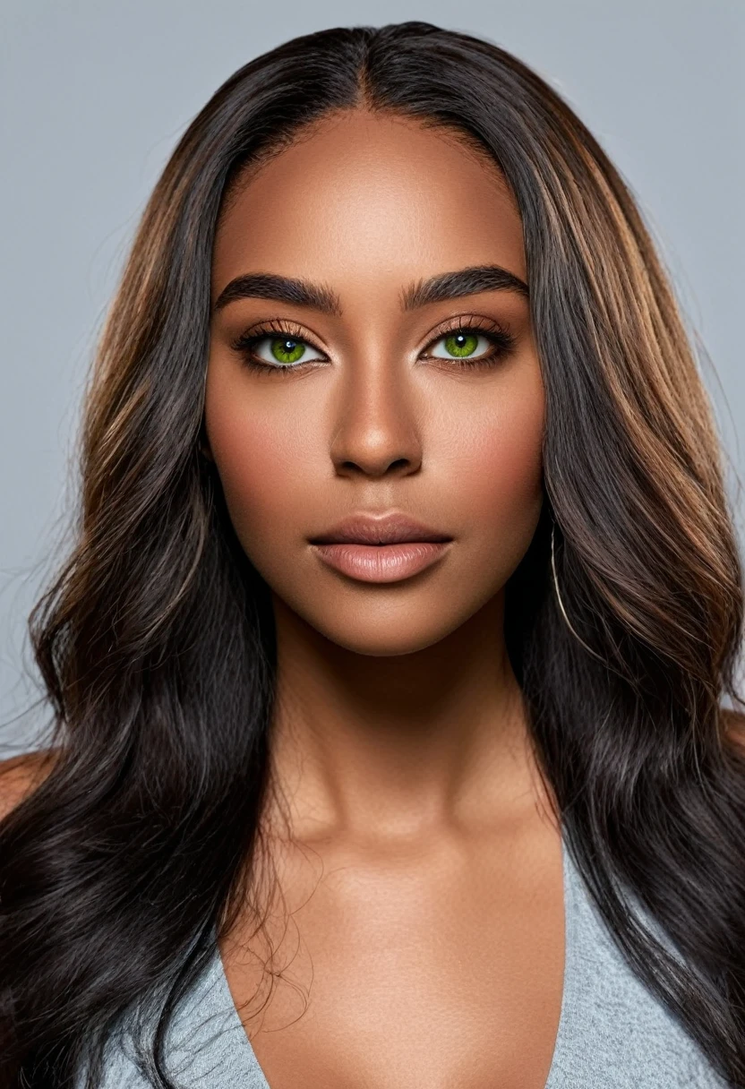 A beautiful woman, beautiful Latin face, young Brazilian Nyvi Estephan, Brazilian supermodel, serene and elegant beauty, Angolan descent, young adult 30 years old, nerdy woman, tall woman, a stunning black woman, with indigenous features, beautiful indigenous girl, native Brazilian, ((An indigenous African girl with European ebony)), ((her beauty is undeniable)), beautiful young ebony girl with dark skin, tanned Mexican, long black hair with brown highlights, black curly hair with brown highlights, black voluminous hair With brown highlights, a vibrant and dynamic cut with soft waves can add a modern and stylish touch. has an exotic beauty with beautiful green eyes, green realistic eyes, bright green eyes, ultra detailed green eyes, ultra realistic green eyes, natural green eyes, ultra detailed iris, perfect eyes, perfect iris, hyper realistic eyes, eyeliner, long eyelashes and defined, penetrating gaze that conveys confidence, striking, powerful expression, strong presence, striking makeup, full, voluminous lips, seductive lips, captivating, striking, unforgettable, dazzling, mischievous smile, wide smile, your features are captivating, subtle smile on your lips , beautiful and detailed face, detailed skin texture, Notice her perfectly shaped eyebrows, which arch gracefully above her eyes, small nose that is proportionate to her face, and soft contour of her face that accentuates her high cheekbones. Beautiful and glowing skin, intricate details, smooth skin, healthy and radiant appearance, Attractive slim woman, Average bust, Average and beautiful breasts, athletic physique, flat stomach, slim waist, huge hips, wide hips, big ass, thick thighs, legs shapely concept art .3D 4k, high resolution, full sharpness photo realistic, breathtaking, Lentille nette, Photographie professionnelle, Objectif 70mm, Unreal Engine 5, wallpaper, colorful, art, (Hdr: 1.5), hyper-detailed, (ArtStation: 1.5) rich color, hyper-realistic, realistic texture, (dramatic lighting), Cinestill 