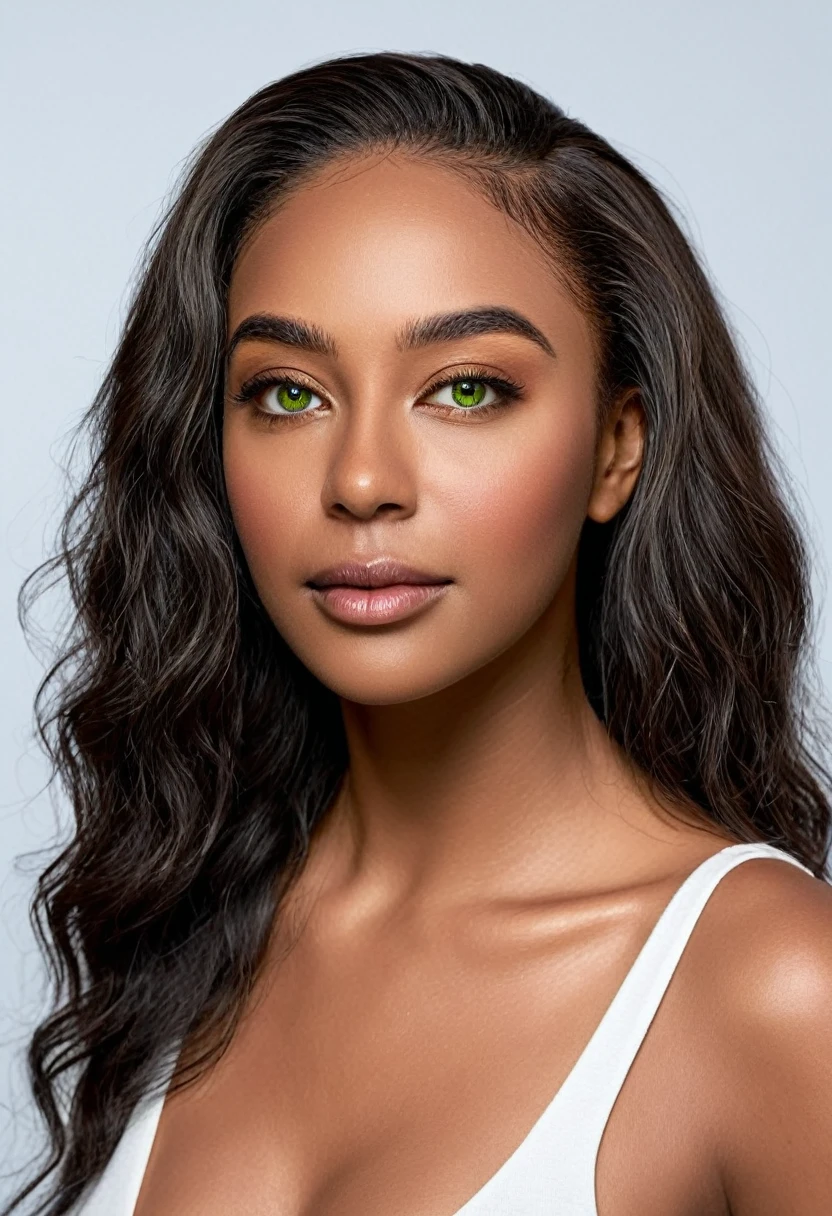 A beautiful woman, beautiful Latin face, young Brazilian Nyvi Estephan, Brazilian supermodel, serene and elegant beauty, Angolan descent, young adult 30 years old, nerdy woman, tall woman, a stunning black woman, with indigenous features, beautiful indigenous girl, native Brazilian, ((An indigenous African girl with European ebony)), ((her beauty is undeniable)), beautiful young ebony girl with dark skin, tanned Mexican, long black hair with brown highlights, black curly hair with brown highlights, black voluminous hair With brown highlights, a vibrant and dynamic cut with soft waves can add a modern and stylish touch. has an exotic beauty with beautiful green eyes, green realistic eyes, bright green eyes, ultra detailed green eyes, ultra realistic green eyes, natural green eyes, ultra detailed iris, perfect eyes, perfect iris, hyper realistic eyes, eyeliner, long eyelashes and defined, penetrating gaze that conveys confidence, striking, powerful expression, strong presence, striking makeup, full, voluminous lips, seductive lips, captivating, striking, unforgettable, dazzling, mischievous smile, wide smile, your features are captivating, subtle smile on your lips , beautiful and detailed face, detailed skin texture, Notice her perfectly shaped eyebrows, which arch gracefully above her eyes, small nose that is proportionate to her face, and soft contour of her face that accentuates her high cheekbones. Beautiful and glowing skin, intricate details, smooth skin, healthy and radiant appearance, Attractive slim woman, Average bust, Average and beautiful breasts, athletic physique, flat stomach, slim waist, huge hips, wide hips, big ass, thick thighs, legs shapely concept art .3D 4k, high resolution, full sharpness photo realistic, breathtaking, Lentille nette, Photographie professionnelle, Objectif 70mm, Unreal Engine 5, wallpaper, colorful, art, (Hdr: 1.5), hyper-detailed, (ArtStation: 1.5) rich color, hyper-realistic, realistic texture, (dramatic lighting), Cinestill 