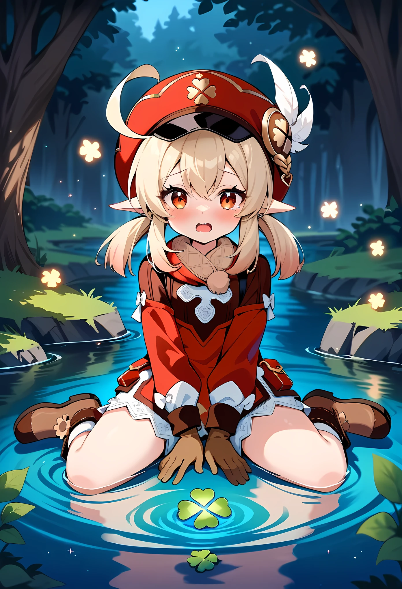 masterpiece, best quality, very aesthetic, absurdres, newest,1boy,pov_hand taking a photo with smartphone,1girl, wariza, masturbate, one_hand_between_legs ,open_mouth, saliva, tear in eyes,,embarrassed, ,klee_(genshin_impact), genshin_impact,1girl, ahoge, ankle_boots, bandaid, blonde_hair, bloomers, boots, brown_footwear, brown_gloves, cabbie_hat, child, clover, clover_print, dress, flower, four-leaf_clover, gloves, gold_trim, hair_between_eyes, hat, kneehighs, light_ long_sleeves, low_twintails, medium_hair,pocket, pointy_ears, pom_pom_(clothes), puffy_long_sleeves, puffy_sleeves, red_dress, red_hat, sidelocks, white_socks,,besides a blue lake, night sky,stars,forest,Reflections in the water,