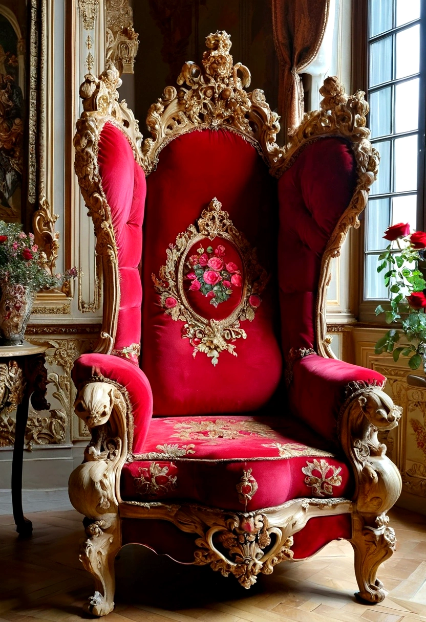 Renaissance Palace，The magnificent queen&#39;s throne，Tall and spacious，French court rococo，Red Rose