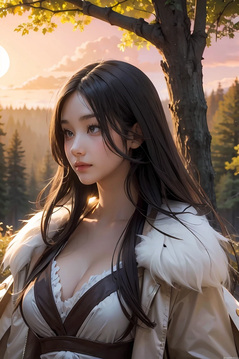 ((masterpiece, best quality, extremely detailed), volumetric lighting, ambient occlusion, colorful, glowing), 
1girl, solo, young girl, (dark hair), long hair, caveman style, cavewoman costume, animal fur, animal hide costume, over body outfits,
forest,  sunset, sky, clouds, trees, 