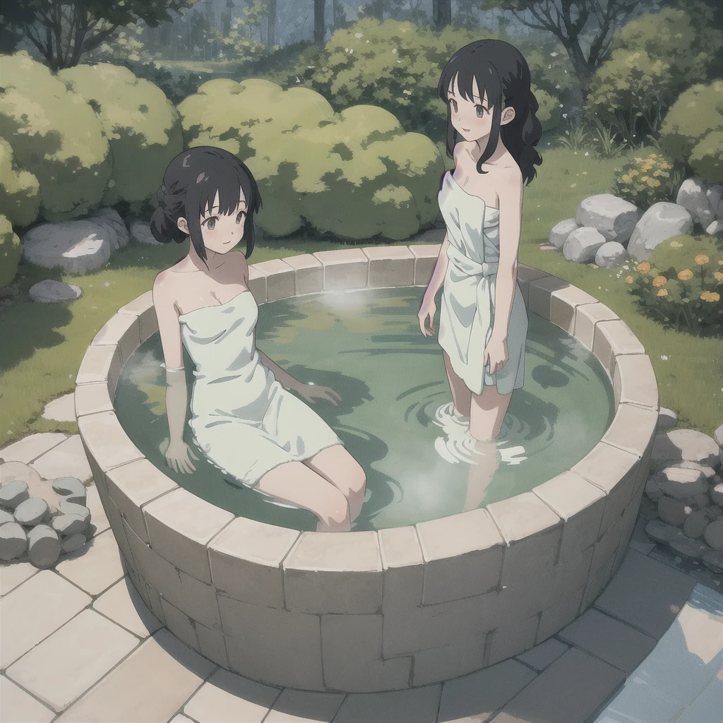 {{Wrapped in a bath towel}}Woman with a towel wrapped around her body, .illustration, hot spring, standing, Ghibli style, high resolution, mother