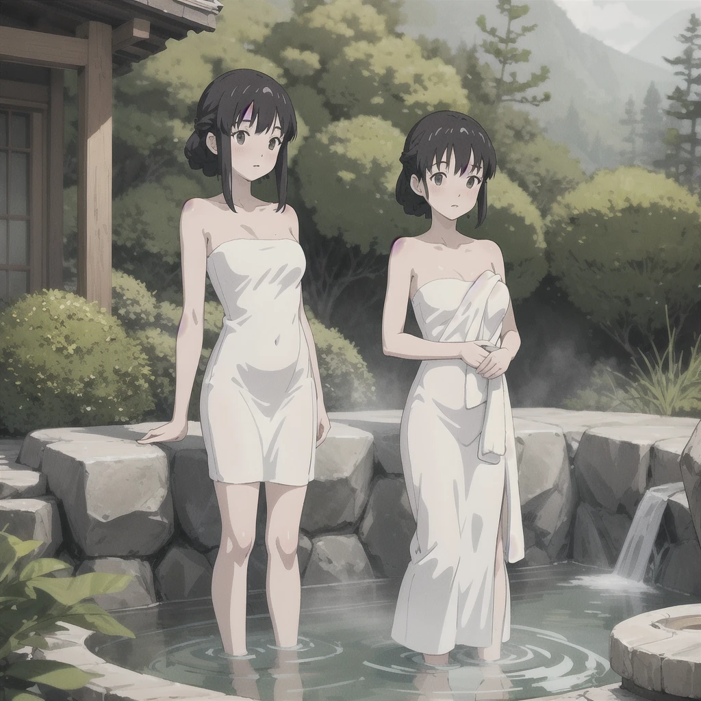 {{Wrapped in a bath towel}}Woman with a towel wrapped around her body, .illustration, hot spring, standing, Ghibli style, high resolution, mother