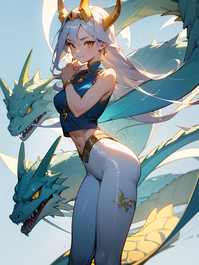 (masterpiece, 4k quality), 1girl, solo, stand confidently, smiling mischievously.
long silver hair tied back, sharp golden eyes, pale skin, C-cup breasts, tall, muscular hourglass figure, beautiful six-pack, two beautiful simple golden dragon horns on the head, another set of short golden dragon horns under the ears, sharp golden dragon claws, dragon tail resemble light blue steel on her ass, dragon wings resemble light blue steel on her back, blue pear earrings, light blue gemstone necklace with golden dragon phoenix pendant, white sleeveless crop top, ivory trousers, dark blue leather belt, dark blue platform sandals.
