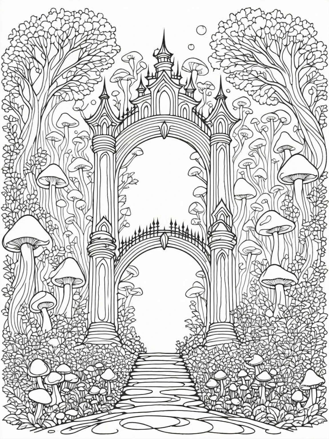 Intricate line art of a magical forest entrance, ornate gateway, glowing mushrooms, black and white illustration, coloring book style, white background, detailed pen drawing, high contrast, clean lines, suitable for coloring, vector-like, easy to color