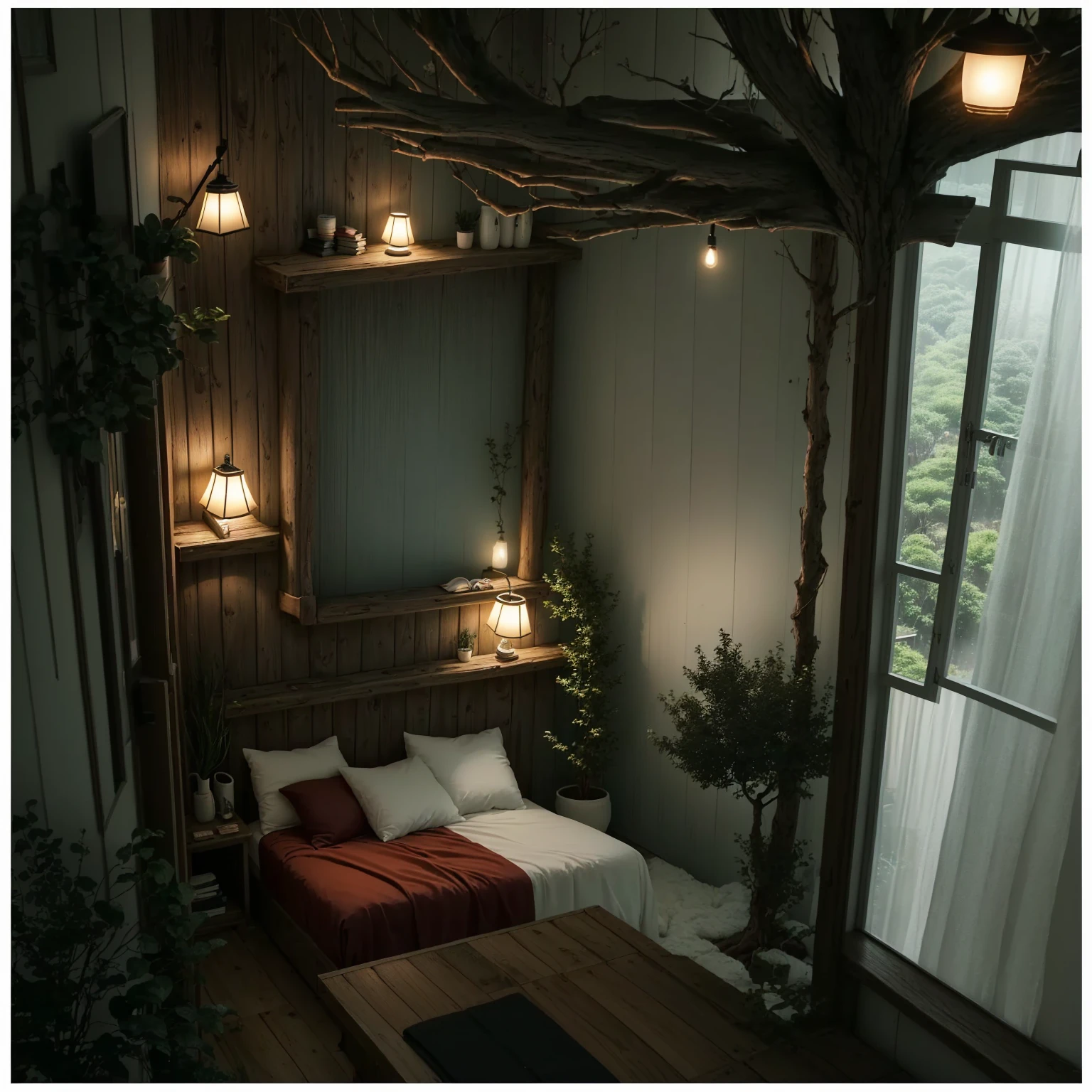 There is a bed in the room，There is a notebook on it, Comfortable place, Cozy tree house bedroom, Relaxation time. beautiful landscape, Comfortable and peaceful atmosphere, Comfortable room, comfortable environment, Comfortable atmosphere, Comfortable atmosphere, Comfortable and calm, relaxing environment, pleasant Comfortable atmosphere, comfortable environment, Cozy aesthetics, in a tree house, Rainy Days Indoors, Comfortable atmosphere
