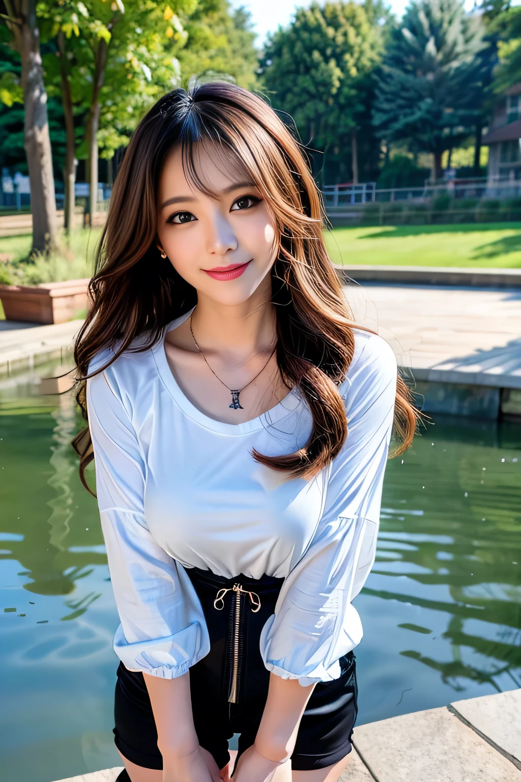 seed;88117315,((Full Body Angle))、((Front hair:1.3))、((Highest quality, 8K, masterpiece: 1.3)), concentrated: 1.2, Cute girl 1,Nipples erect、 Perfect beauty: 1.4,Cut and sewn T-shirt Raglan sleeve summer short sleeve T-shirt.Shorts: 1.2,Long sleeve、Randall Color、comics&Text Graphics、Black ruffle-trimmed drawstring zip blouse,1.1, Highly detailed face and skin textures, Fine grain, double eyelid, whitening skin, ,Highest quality,Ultra-high resolution,you,1 girl,alone,_Shiny_skin,Iris,necklace,((brown_length_Wavy_hair)),(lips)),eyelash,Front hair,deal with,compensate,Shiny,pore,skin,Large Breasts、((smiling face))、Riverside Walk、walk、