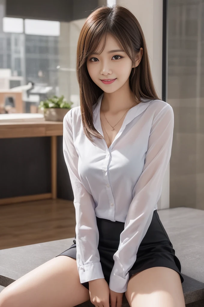 Highest quality, shape, Ultra The finer details, The finer details, High resolution, 8k wallpaper, Perfect dynamic composition, Beautiful and detailed eyes, Natural lips, blouse, Pleated skirt, cute, Medium chest, Medium Back, , full length, One girl,, smile, office, necklace, Thighs, squat、Spread your legs、