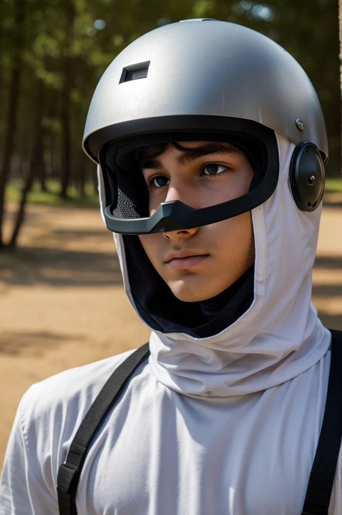  boy with a square helmet that covers his entire head 