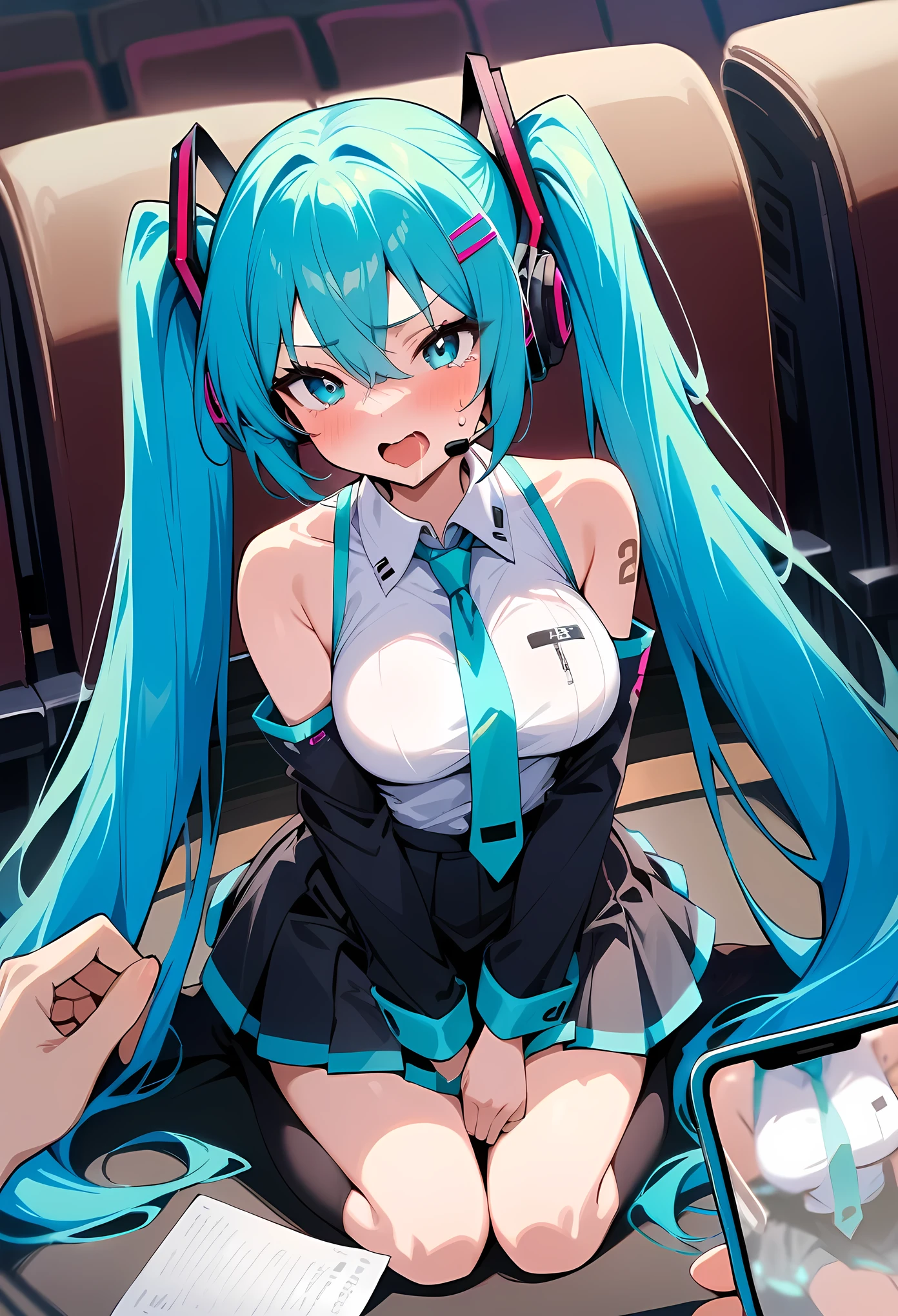 masterpiece, best quality, very aesthetic, absurdres, newest,1boy,pov_hand taking a photo with smartphone,1girl, wariza, masturbate, one_hand_between_legs ,open_mouth, saliva, tear in eyes,,embarrassed, ,hatsune_miku, vocaloid, aqua_eyes, aqua_hair, aqua_necktie, black_skirt, black_sleeves, breasts, collared_shirt, detached_sleeves, headphones, headset, long_hair, medium_breasts, necktie, number_tattoo, paper, pleated_skirt, shirt, skirt, sleeveless, sleeveless_shirt, sweatdrop, tattoo,twintails, v-shaped_eyebrows, very_long_hair, white_shirt,in movie theatre