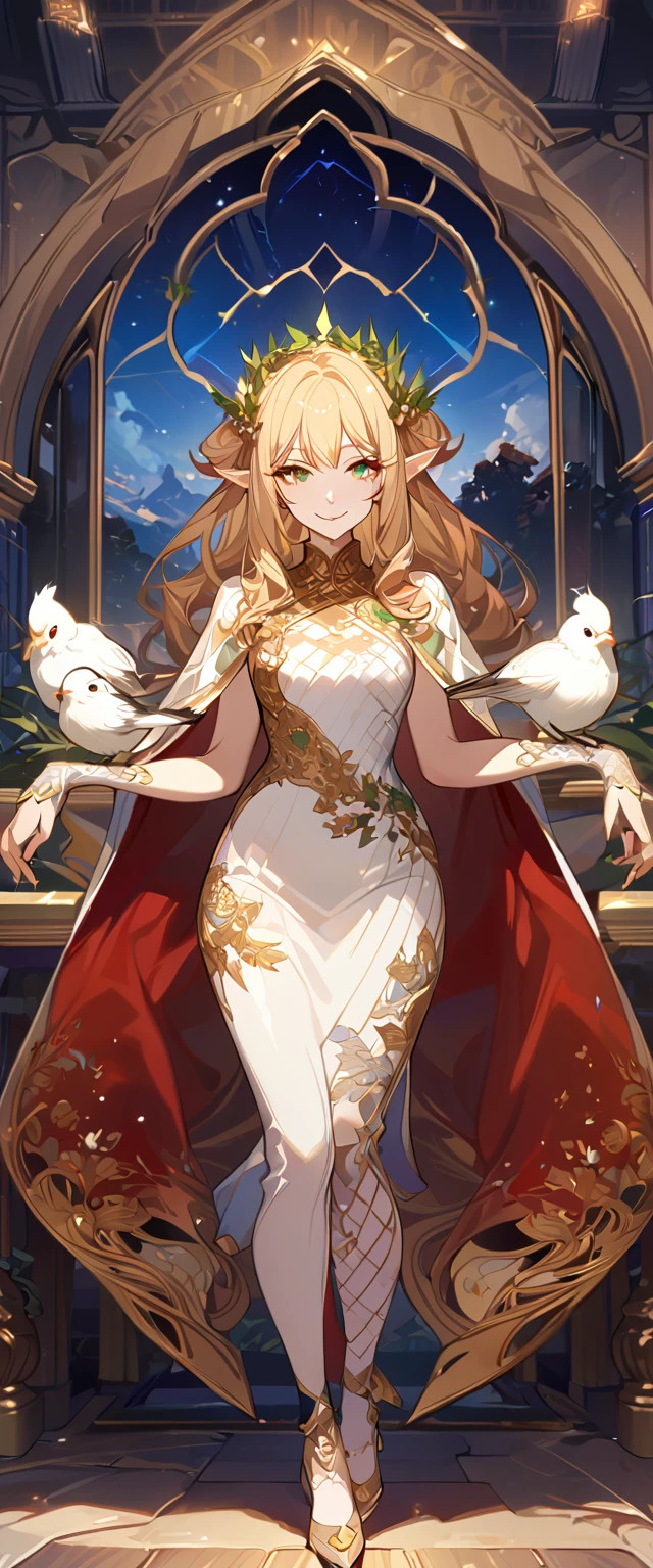 masterpiece, best quality, 8k ,4k , 1girl, elf queen, blond reddish hair, green eyes, big , gold wreath crown, hair ornament, finely detailed eyes and detailed face, looking at viewer, white sleeveless, Lace dress, patterned clothes, gold embroidery clothes, meticulous clothes, mature clothes, transparent cape with lace, majestic looks, smiling gently, small bird, full body, inspired by Asukaziye artist : ask, art style : ask