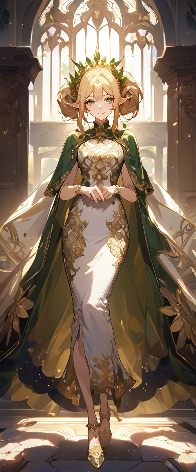 masterpiece, best quality, 8k ,4k , 1girl, elf queen, blond reddish hair, green eyes, big , gold wreath crown, hair ornament, finely detailed eyes and detailed face, looking at viewer, white sleeveless, Lace dress, patterned clothes, gold embroidery clothes, meticulous clothes, mature clothes, transparent cape with lace, majestic looks, smiling gently, small bird, full body, inspired by Asukaziye artist : ask, art style : ask