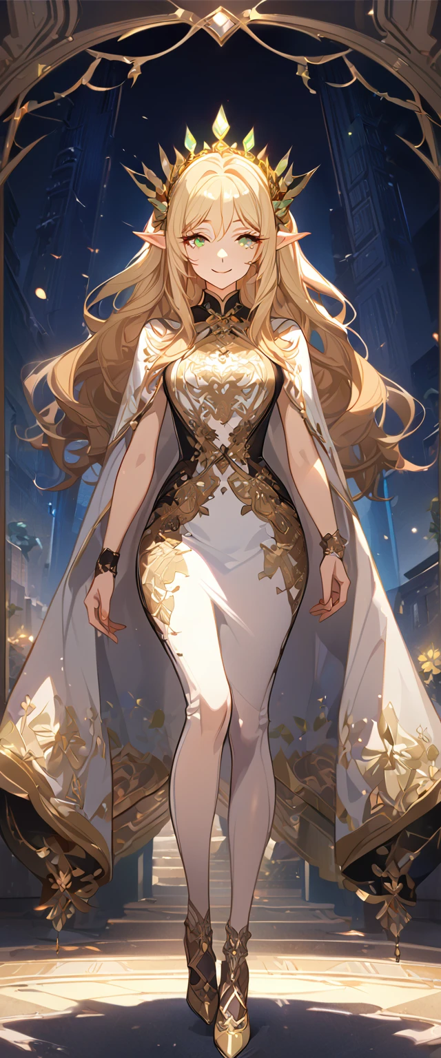 masterpiece, best quality, 8k ,4k , 1girl, elf queen, blond reddish hair, green eyes, big , gold wreath crown, hair ornament, finely detailed eyes and detailed face, looking at viewer, white sleeveless, Lace dress, patterned clothes, gold embroidery clothes, meticulous clothes, mature clothes, transparent cape with lace, majestic looks, smiling gently, small bird, full body, inspired by Asukaziye artist : ask, art style : ask
