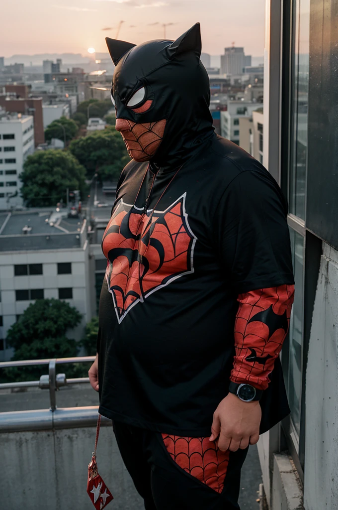 super fat chubby anime man wearing a spiderman shirt wearing a batman mask eating a chocolate bar standing on the edge of a tall building looking at the camera at sunset