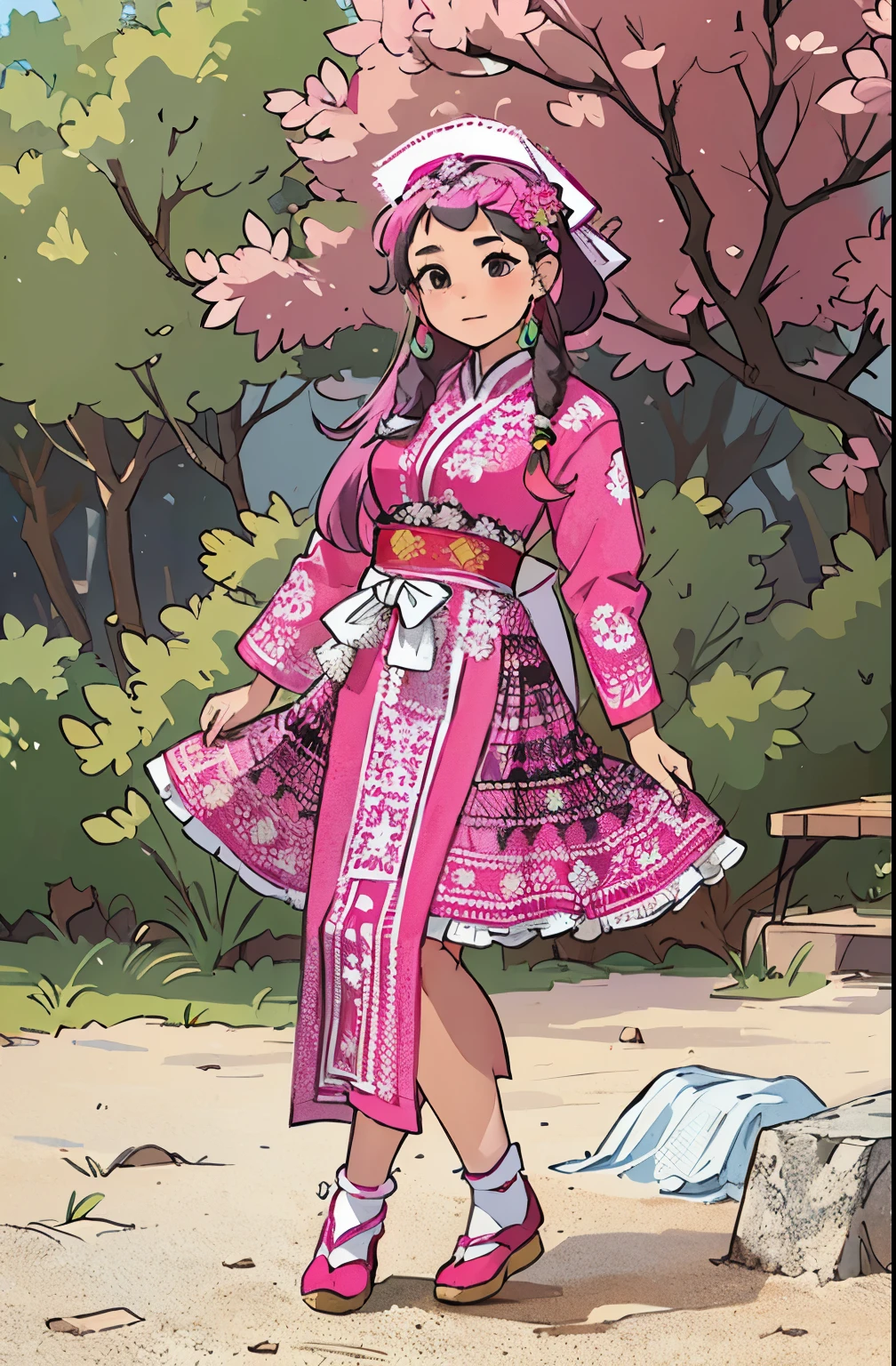1girl, Hmong clothes, pink clothes,