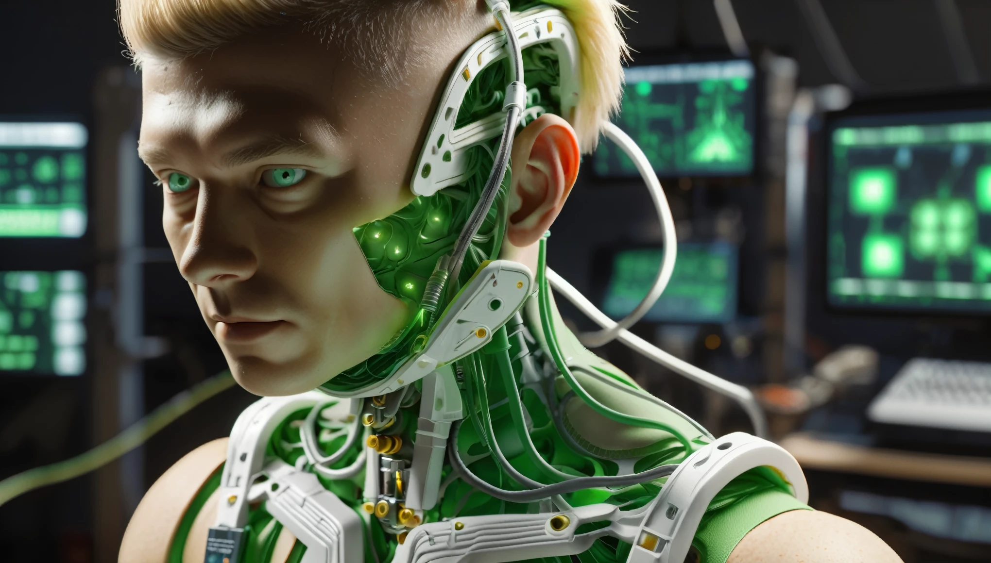 1 mechanical boy, (male), mullet haircut, blonde hair, green eyes, blonde, (24 age), mechanical green cables arms outstretched, ((ultra realistic details)), global illumination, shadows, octane render, 8k, ultra sharp, metal, intricate, ornaments detailed, highly intricate details, realistic light, glowing eyes, neon details, mechanical limbs, blood vessels connected to tubes, mechanical cervical attaching to neck, wires and cables connecting to head