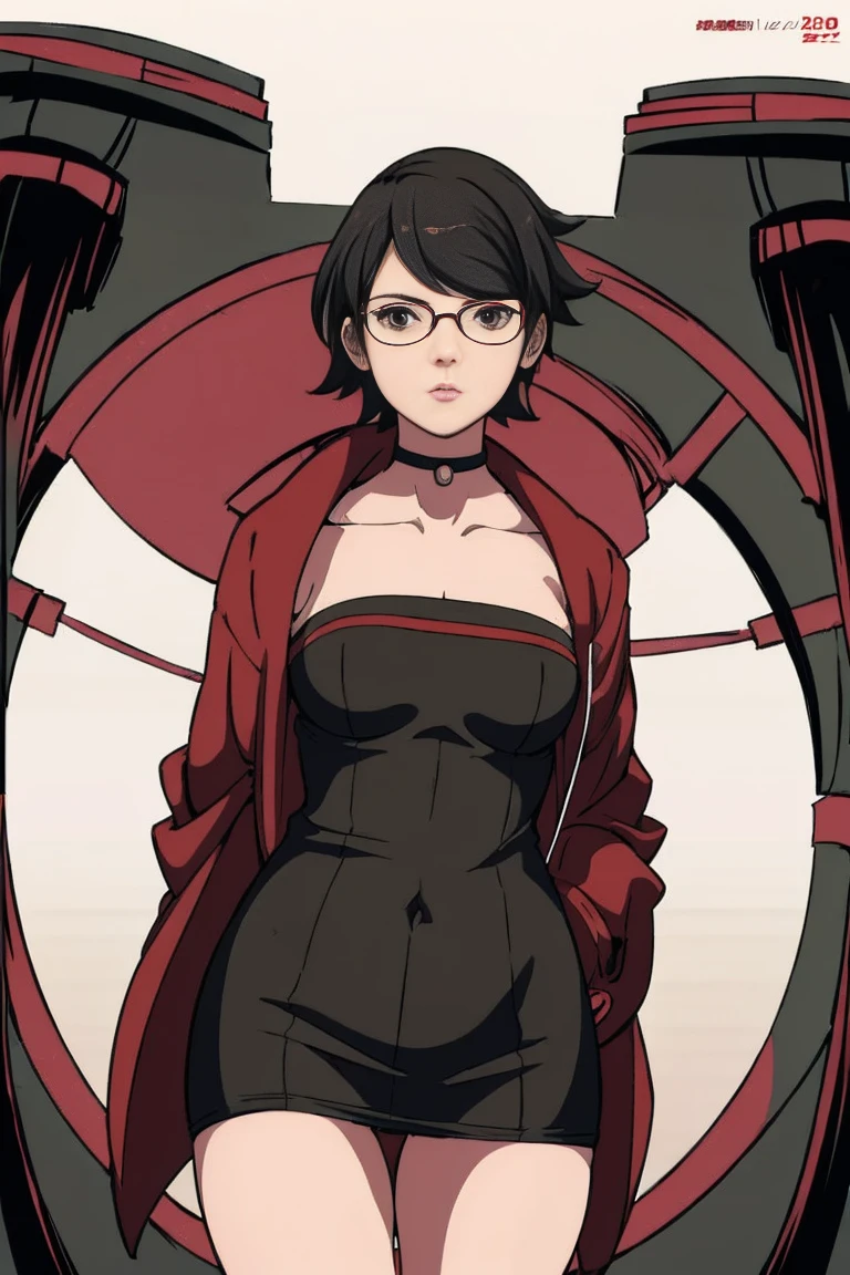 anime girl in a short dress and glasses with a red cape,| artgerm, female protagonist 👀 :8, realistic anime 3 d style, anime styled 3d, realistic anime artstyle((naked long belly)) background forest(((( height 200 cm)))) age 25