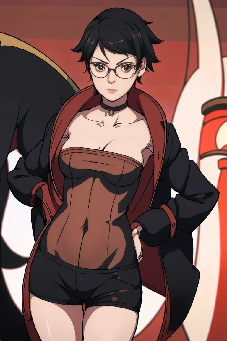 anime girl in a short dress and glasses with a red cape,| artgerm, female protagonist 👀 :8, realistic anime 3 d style, anime styled 3d, realistic anime artstyle((naked long belly)) background forest(((( height 200 cm)))) age 25