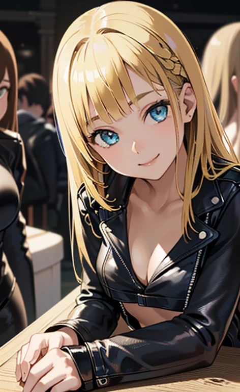 (masterpiece:1.5、Photorealistic:1.4,High Saturation:1.4、high resolution:1.4)、,(spot light:1.2、Exquisite beautiful eye:1.5,)、、
(kind eyes、tareme:1.4),()、(Cute Face、Eyes in Love:1.4)、(blonde hair:1.5)、(middle hair:1.5),(sidelock :1.9),(blunt bangs:1.3),(1 girl)、(aqua eyes:1.2)、(upper body:1.5)、(light smile:1.5)),(sitting)、()(head tilt) ,(),(flat chest),(),(bra in a leather jacket,:1.5),(leather pants:1.3),(surrounded by a crowd:1.5)、()、()、Slim Body(),Shiny Hair、girl、zydG
