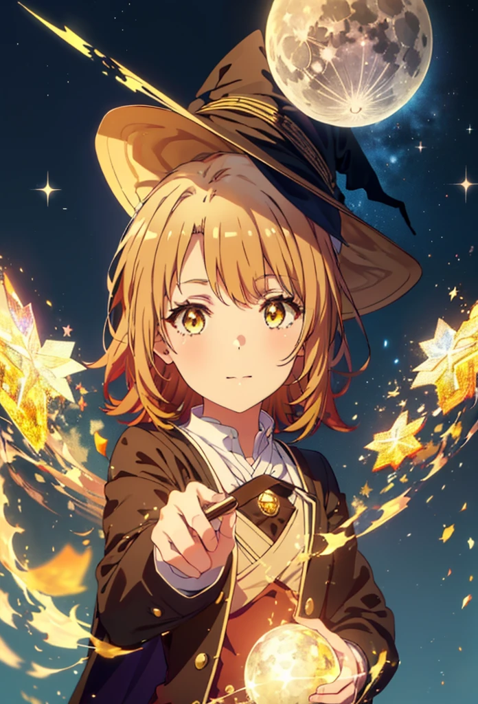 Irohaisshiki, isshiki iroha, short hair, Brown Hair, (Brown eyes:1.5), smile,((Night Sky)),((Big full moon)),((Sparkling and colorful stars)),Fluffy hair,((Idol style costume with soft volume)),Long skirt,((gorgeous wizard hat)),((witch)),(magic wand with a jewel on the tip),Explosive Flame,
break outdoors, forest,forest
break looking at viewer,Upper Body,
break (masterpiece:1.2), Highest quality, High resolution, unity 8k wallpaper, (shape:0.8), (Narrow and beautiful eyes:1.6), Highly detailed face, Perfect lighting, Extremely detailed CG, (Perfect hands, Perfect Anatomy),