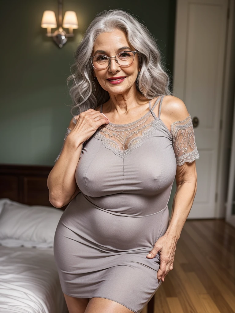 Mature old woman 80 years with silver hair, plus size, red lips, long-long curly grey hair, old face and body with many wrinkles, smiling, loose skin, standing at bedroom posing for photo, She wearing tight orange bodycon dress, large neckline and lace stockings and glasses side view. jaw dropping mature older beauty, old face and body with wrinkles, attractive grandma, a gorgeous old hair, beautiful old grandma, lovely older mature grandma, gorgeous beautiful grandma over 80 years old, beautiful silver hair grandma, beautiful detailed body and face, a beautiful old granny