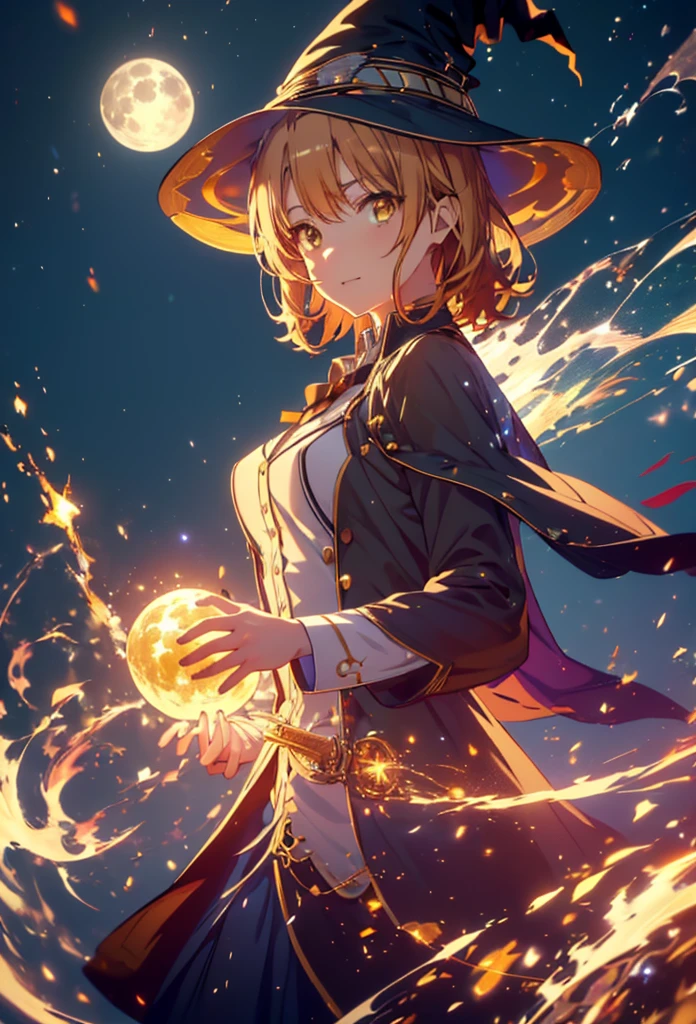 Irohaisshiki, isshiki iroha, short hair, Brown Hair, (Brown eyes:1.5), smile,((Night Sky)),((Big full moon)),((Sparkling and colorful stars)),Fluffy hair,((Idol style costume with soft volume)),Long skirt,((gorgeous wizard hat)),((witch)),(magic wand with a jewel on the tip),Explosive Flame,
break outdoors, forest,forest
break looking at viewer,Upper Body,
break (masterpiece:1.2), Highest quality, High resolution, unity 8k wallpaper, (shape:0.8), (Narrow and beautiful eyes:1.6), Highly detailed face, Perfect lighting, Extremely detailed CG, (Perfect hands, Perfect Anatomy),