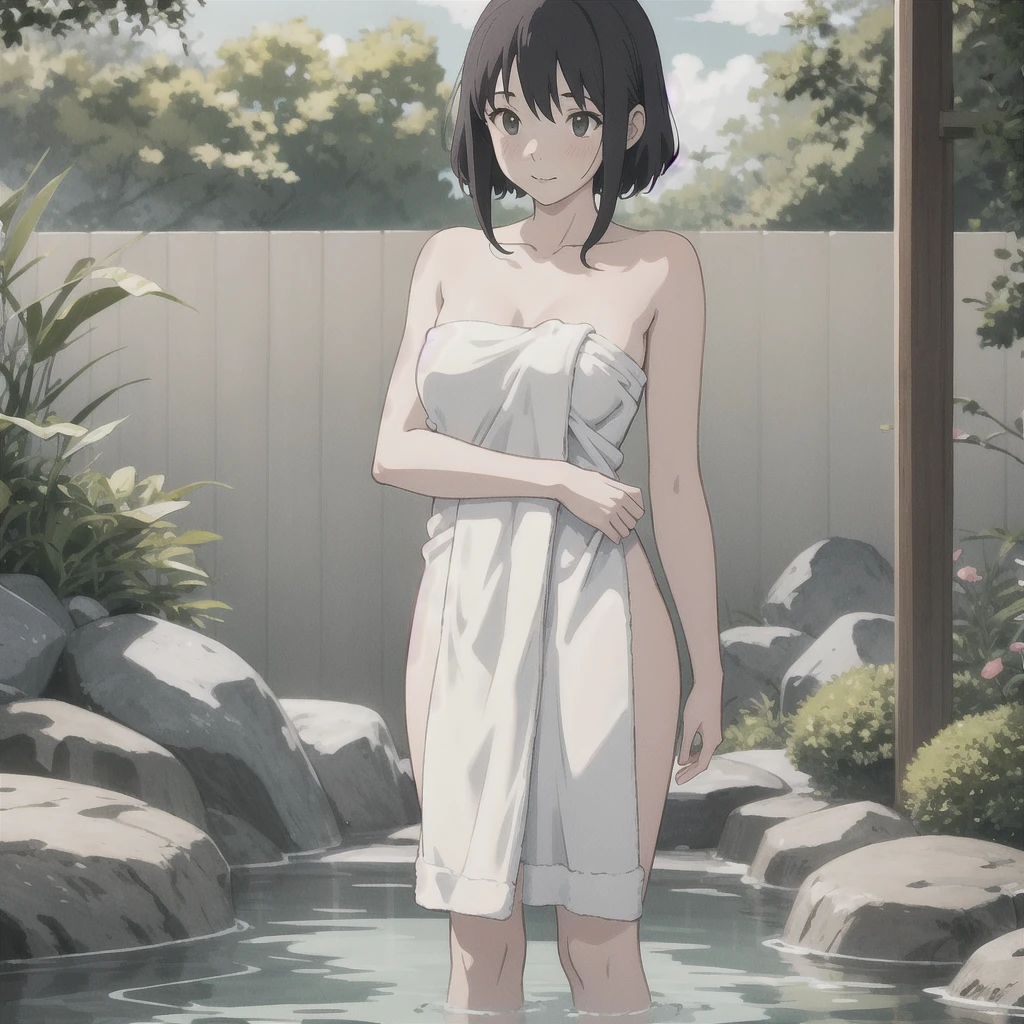 {{Wrapped in a bath towel}}Woman with a towel wrapped around her body, .illustration, hot spring, standing, Ghibli style, high resolution, mother