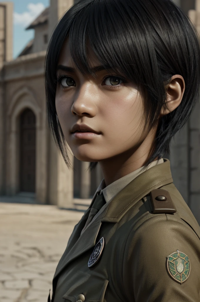 create Attack on Titan screenshot studio mappa style. Attack on Titan screenshot. girl with medium dark hush cut hair, dark almond eye color, dark skin tone, long eyelashes, wearing the uniform of the reconnaissance legion. With titan marks under her eyes.