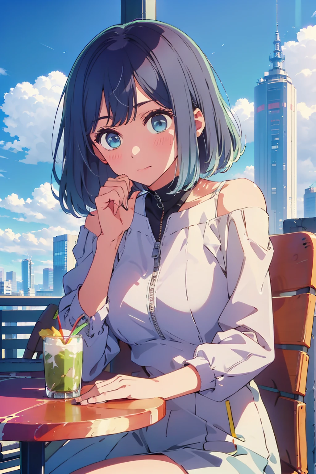 (Highest quality:1.4、8K:1.4、detailed)、F cup bust、Big Breasts、Slim body、Very white beautiful skin、((((1 person、Surprised expression、sit、Chair、In the background are the urban buildings of Tokyo、looking at the camera、Outdoor café terrace、Navy hair color、juice、table、Very cute face))))、((((nude、Areola))))、(Hand touching cheek pose:1.4、Cheek resting on hand:1.4)、(Off-the-shoulder blouson、Black blouson with zipper)、Very blue sky、A completely cloudless sky