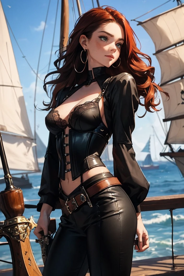 (masterpiece), best quality, expressive eyes, perfect face, (pirate ship background), (standing), (smirk), (closeup view), (1girl, , pale skin, freckled skin, dark red hair, wavy hairstyle, green eyes, hourglass figure, thin body, skinny body, petite_body, medium breasts, thick thighs, long fingernails, exposed bra, white front lace blouse, long sleeve, loose fit, black leather corset, black leather pants, black boots, sheathed cutlass sword, flintlock pistol in holster, hoop earrings, miscellaneous jewelry)