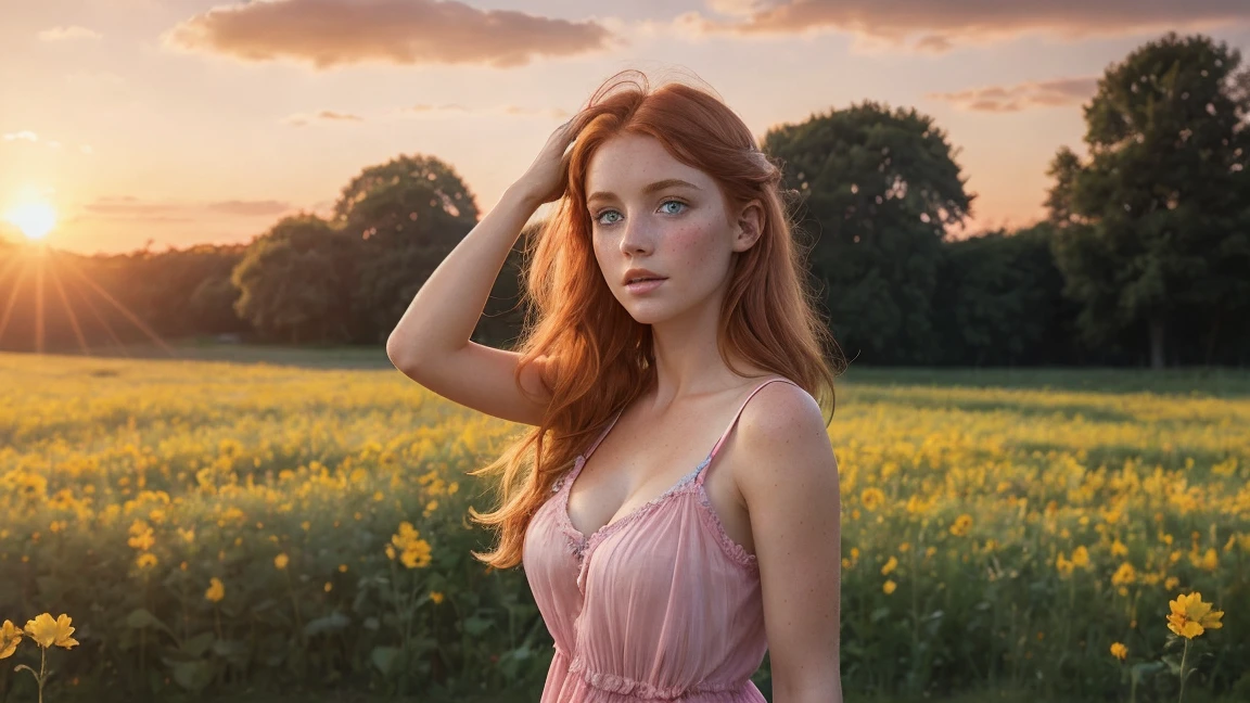 a European girl touching her hair, blue eyes, (short pink semi-transparent sundress), skinny, showing cleavage, ginger hair, freckled face, standing in a colourful flower field(Blue, Red, Yellow flowers), (a huge mansion), sunset, windy, high quality photo, photo realistic, extremely detailed, highly detailed face, ultra HD, dark realistic film shader