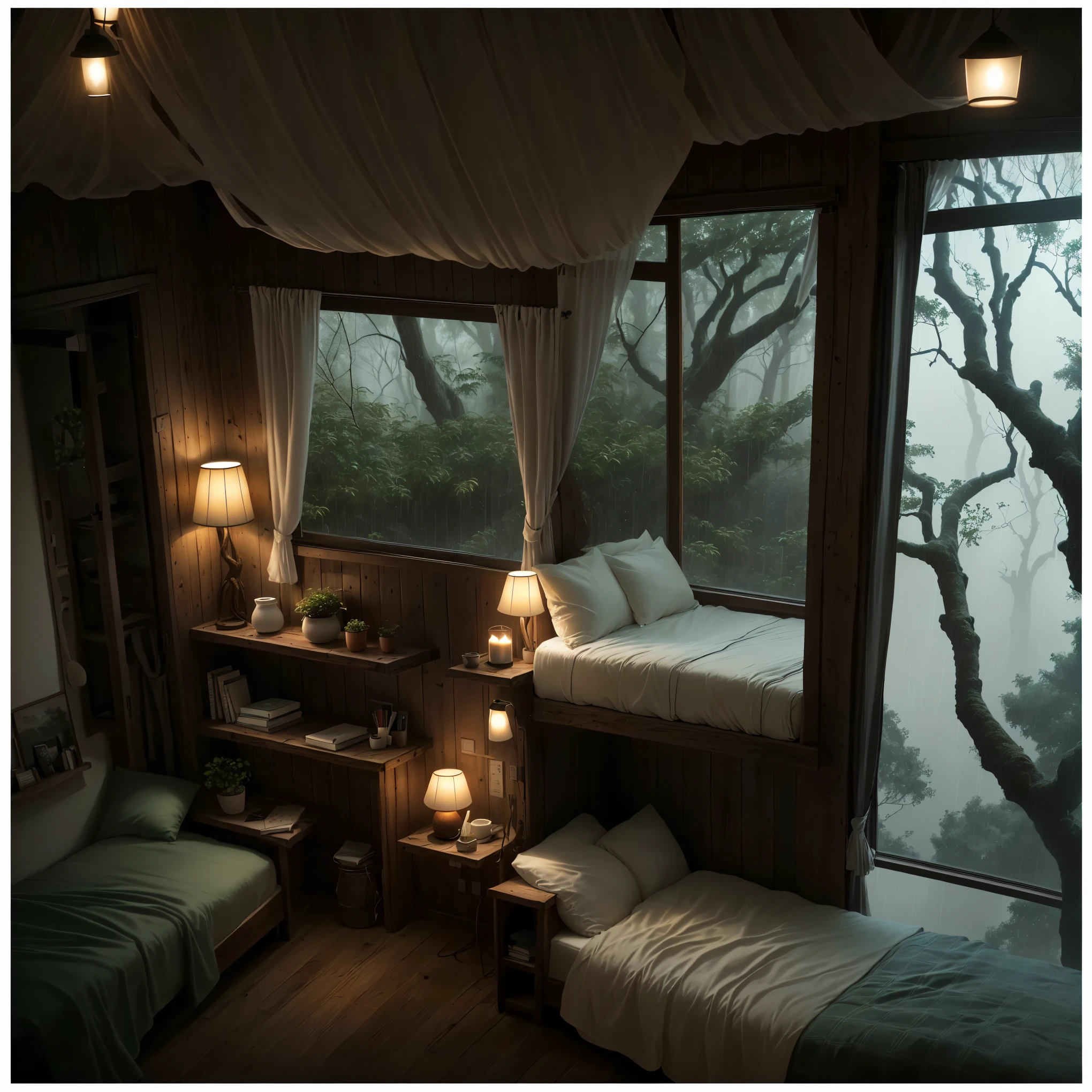 There is a bed in the room，There is a notebook on it, Comfortable place, Cozy tree house bedroom, Relaxation time. beautiful landscape, Comfortable and peaceful atmosphere, Comfortable room, comfortable environment, Comfortable atmosphere, Comfortable atmosphere, Comfortable and calm, relaxing environment, pleasant Comfortable atmosphere, comfortable environment, Cozy aesthetics, in a tree house, Rainy Days Indoors, Comfortable atmosphere