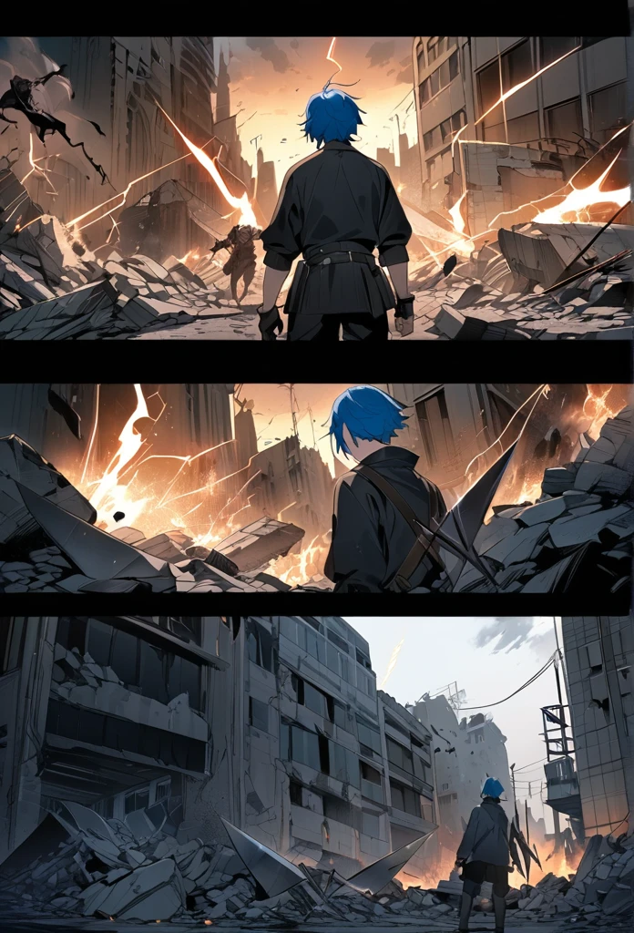 ((highest quality)), ((masterpiece)), ((detailed)), A man with blue hair and blue eyes throwing knives and lightning at dark creatures of shadows and demons comic ebook storyboard three panels HQ In a city in rubble and destroyed